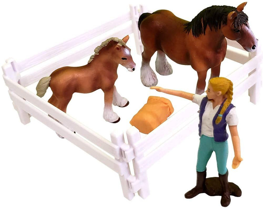 Horse Play Set for Kids - 5 Piece - Includes 2 Horses, Equestrian Figurine, Fence and Haystack - Durable Playset for Pretend Play - Best Holiday, Birthday Gift for Boys, Girls, Toddlers