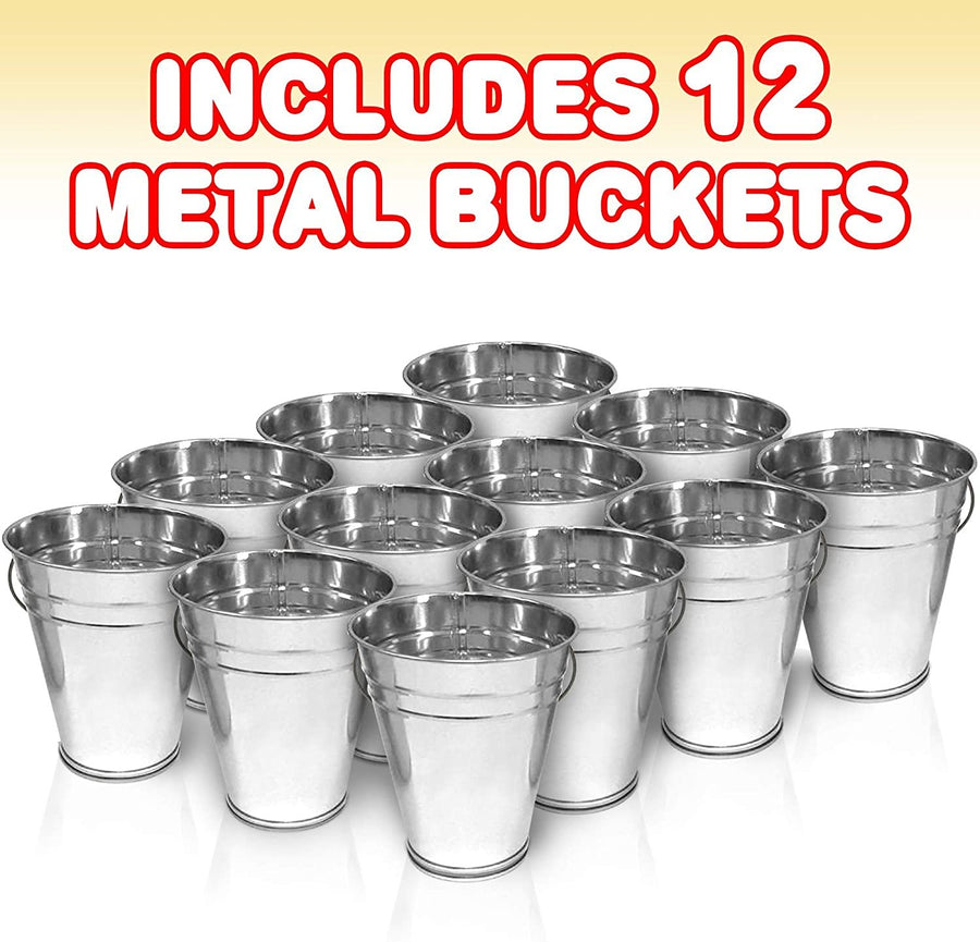 Large Galvanized Metal Buckets with Handles, 4.5" W x 5" H, 12 Pack, Metallic Pails for Party Favors, Rustic Wedding Decoration, Centerpieces for Party, Ice Bucket, Vase, Garden Planters