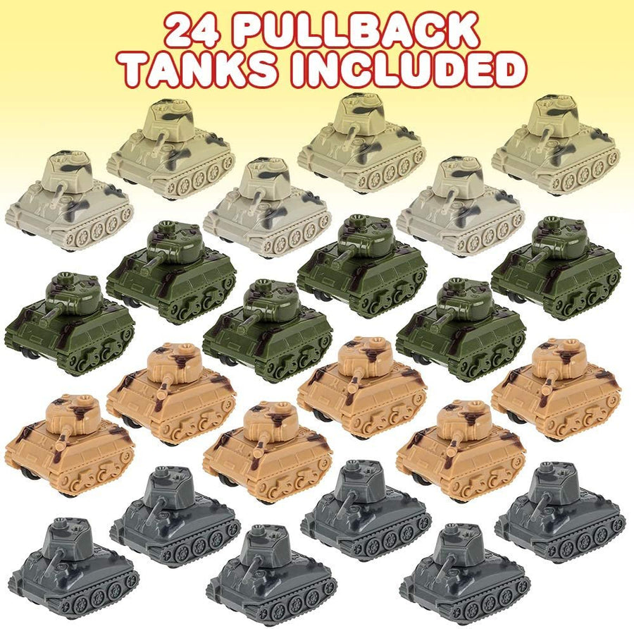 Mini Pullback Tanks, Pack of 24, Fun Army Action Military Vehicles with Pullback Mechanism, Birthday Party Favors for Boys and Girls, Goodie Bag Fillers