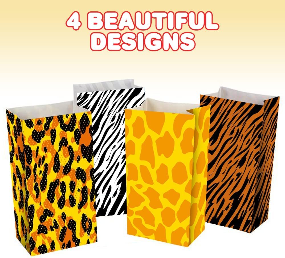 Safari Theme Party Favor Bags - Pack of 12 - Animal Print Goody Gift Bags with 4 Designs - Durable Treat Goodie Bags - Zoo, Jungle Party Supplies for Birthday, Baby Shower