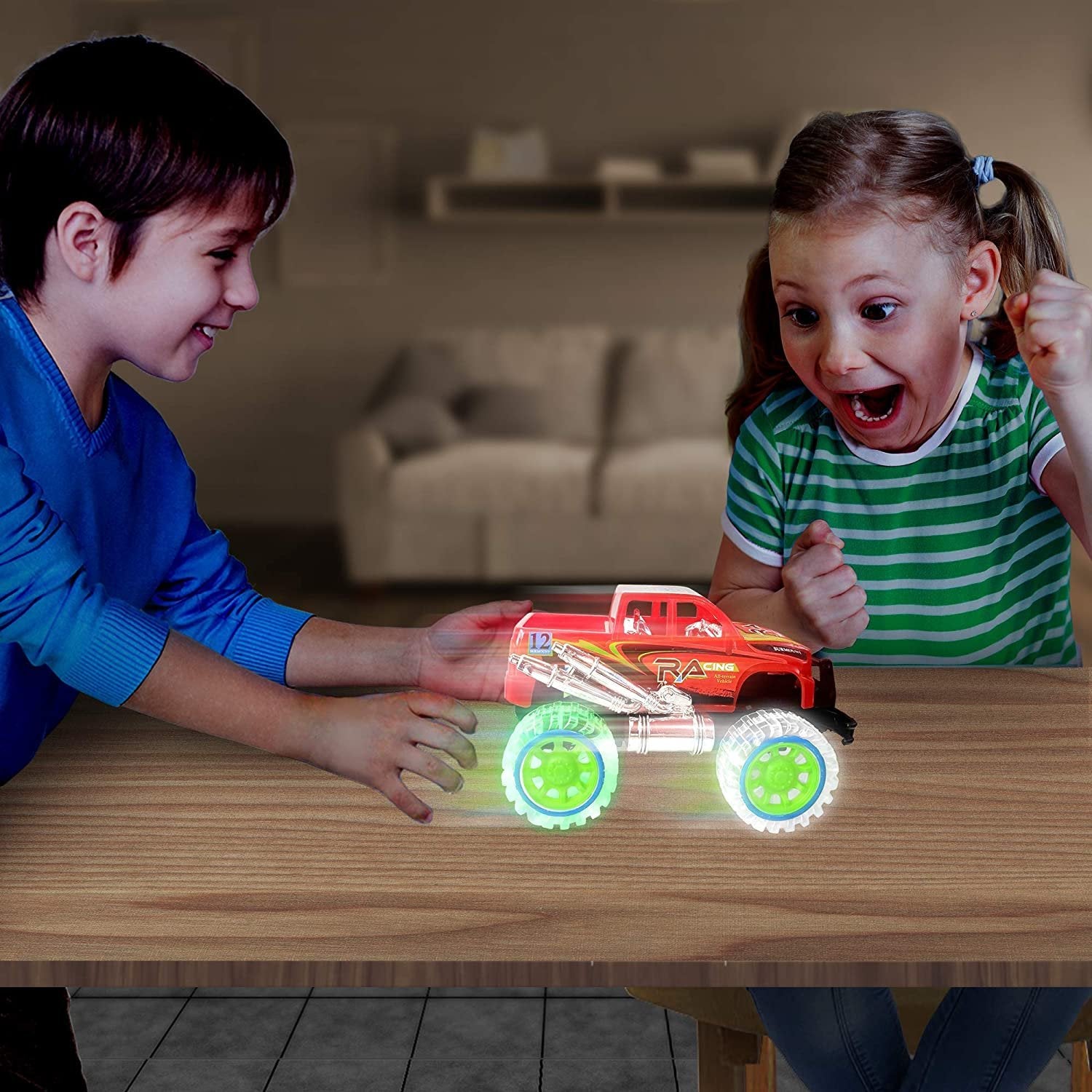 Light-Up Red Monster Truck with Sounds, 9" Monster Truck with Flashing Wheels and Friction Motor, Push n Go Toy Car, Best Birthday Gift for Boys and Girls Ages 3+