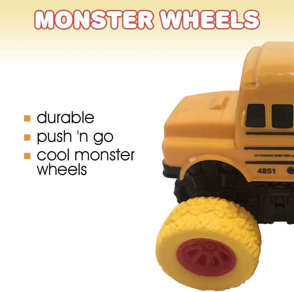 Yellow School Bus Toy with Yellow Monster Truck Tires, Push n Go Toy Car for Kids, Durable Plastic Material, Best Birthday Gift for Boys, Girls, Toddlers