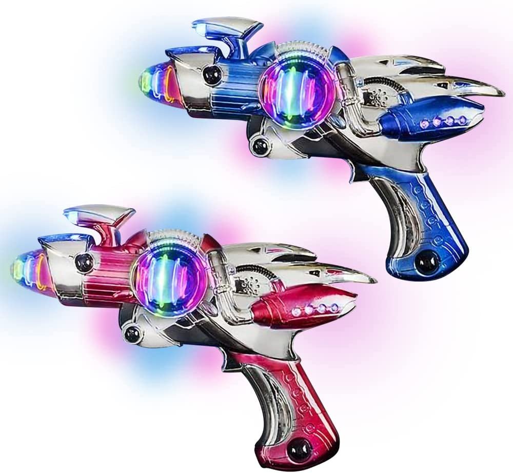 Red & Blue Super Spinning Space Toy Gun Set with Flashing Lights & Sound Effects, Pack of 2, Cool Futuristic Toy Guns, Batteries Included, Great Gift Idea for Boys & Girls