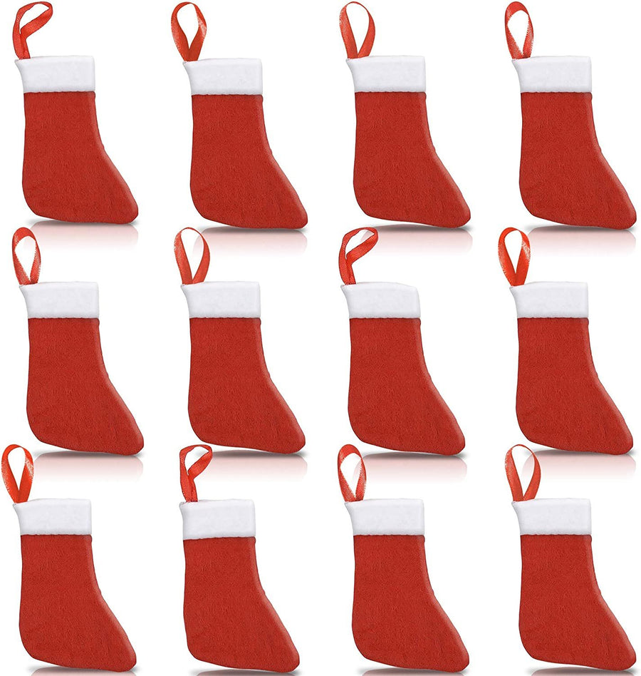 Mini Christmas Stockings with Hanging Loops, Set of 12, Red and White Christmas Décor, Felt Stockings for Holding Gifts, Xmas Tree Decorations, Cute Dining Silverware Holders