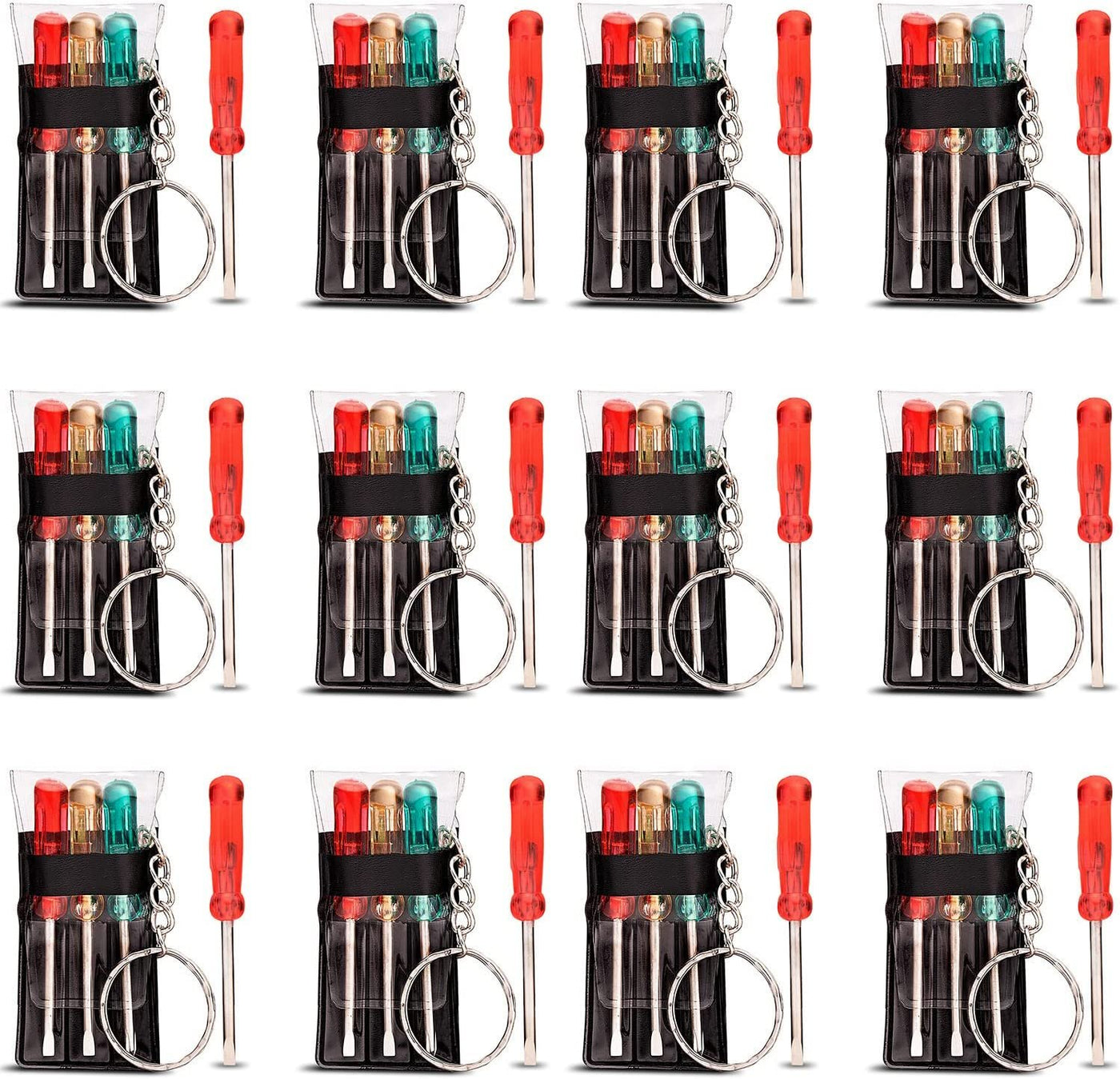 Mini Screwdriver Set with Keychain - Set of 12 - Each Set Includes 3 Screw Drivers in a Portable Pouch - Cool Party Favor - Goodie Bag Filler