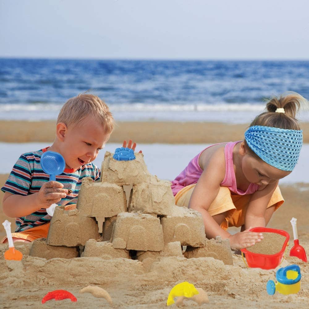 Sand Castle Bucket Set, 8 Piece Set, Includes1 Bucket, 3 Molds, 2 Shovels, 1 Rake & 1 Water Pot, Fun Summer Beach Toys for Kids, Children’s Beach Toys, Great Birthday Gift