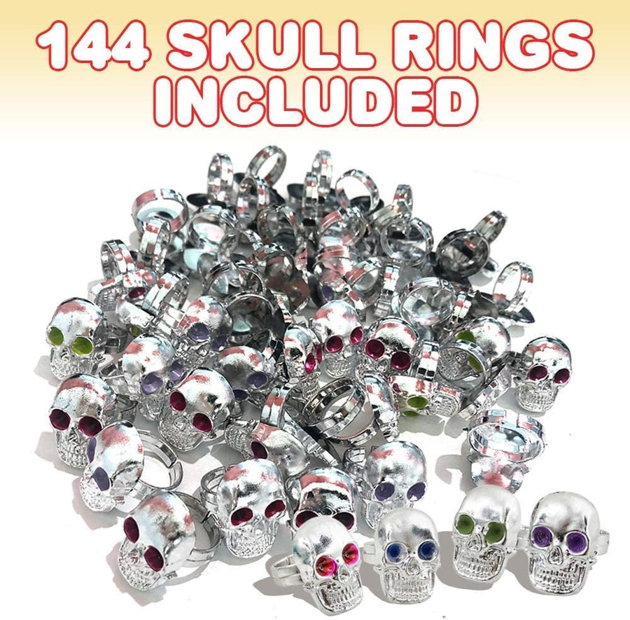 Silver Plastic Skull Rings for Kids, Set of 144, Halloween Party Favors, Non-Candy Trick or Treat Supplies, Pirate-Theme Goodie Bag Fillers, Spooky Classroom Rewards for Boys and Girls