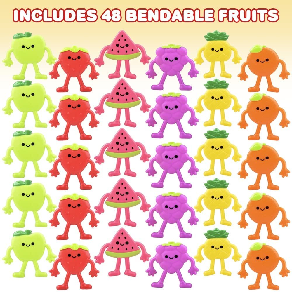 Mini Bendable Fruit Toys, Set of 48, Kids’ Fidget Toys in 6 Assorted Designs, Vibrant Stress Toys for Boys and Girls, Great as Goodie Bag Stuffers and Pinata Fillers