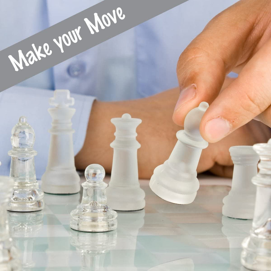Glass Chess Set, Elegant Design - Durable Build - Fully Functional - 32 Frosted and Clear Pieces - Felted Bottoms - Easy to Carry - Reassuringly Stable (12")
