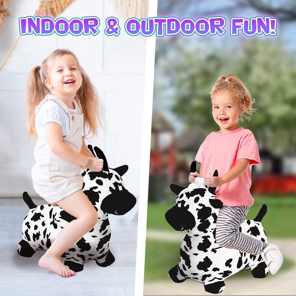 Light Up Bouncy Horse Toy, Cow Hopper Horse with Music, Ride on Horse, Inflatable Animal Hopper for Active Indoor and Outdoor Play, Inflatable Plush Animal Covered Cow Toy for Kids (Pump Included)