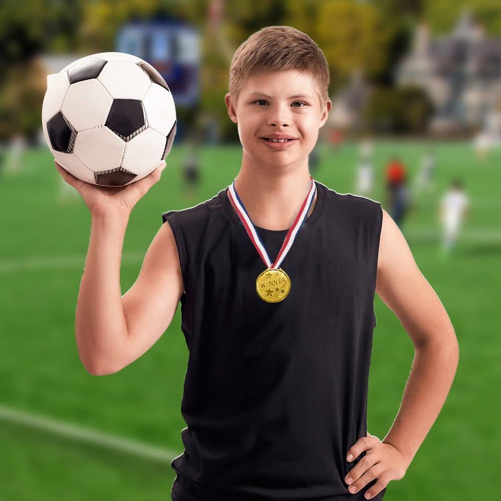 Gold Prize Medal for Kids, Set of 12 Medals on Ribbon Necklaces, Olympic Style Metal Winner Awards for Sports, Talent Show, and Spelling Bee, Gymnastic Birthday Party Favors