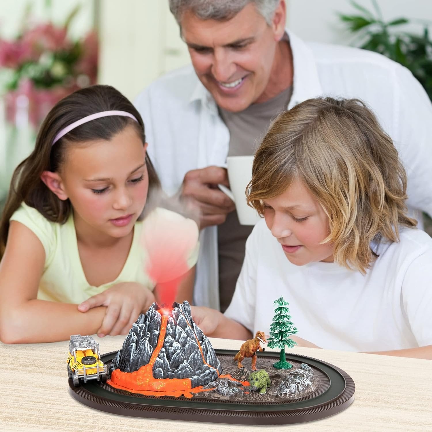 Volcano Dinosaur Playset for Kids, Mist Spouting Volcano Play Set, Dinosaur Toys for Boys, Volcano Science Kit, Volcano Toy Set with Simulated Volcanic Eruptions, Sounds, Wind-up Truck