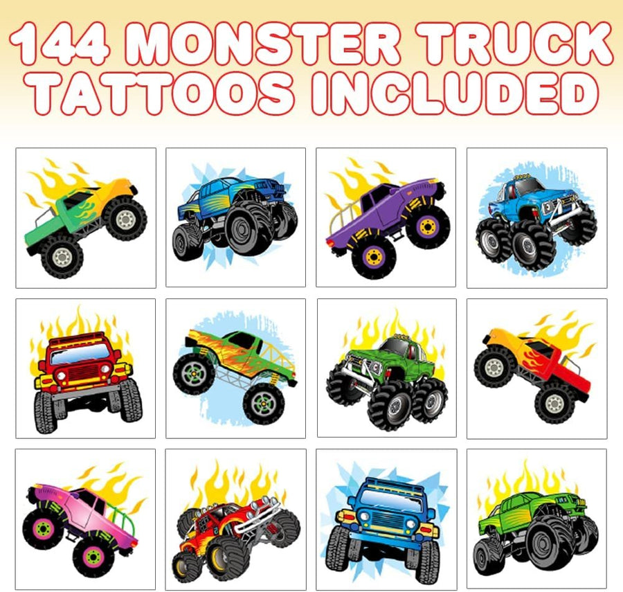 2" Monster Truck Temporary Tattoos for Kids - Pack of 144 - Non Toxic Tats Stickers for Boys and Girls - Cool Birthday Party Favors, Goody Bag Fillers, Fun Prizes for Children