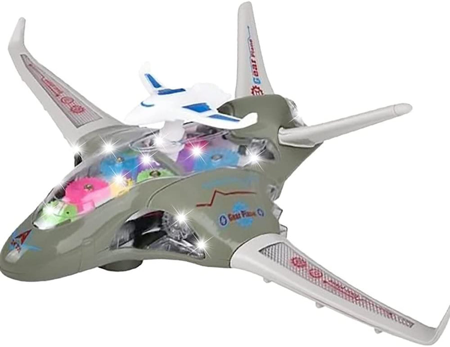 Light Up Transparent Fighter Jet for Kids, Bump and Go Kids Airplane with Colorful Spinning Gears, Music, & LED Effects, Fun Toy Airplane for Boys and Girls