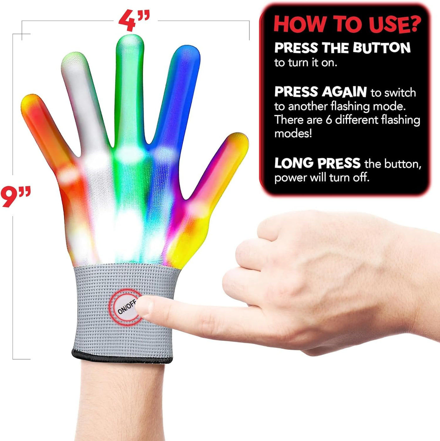 Led Light Up Gloves for Kids - 1 Pair - Medium Sized Glow in the Dark Gloves with 6 Cool Flashing Modes - Kids Light Up Gloves for Halloween Costumes - Rainbow Party Favors