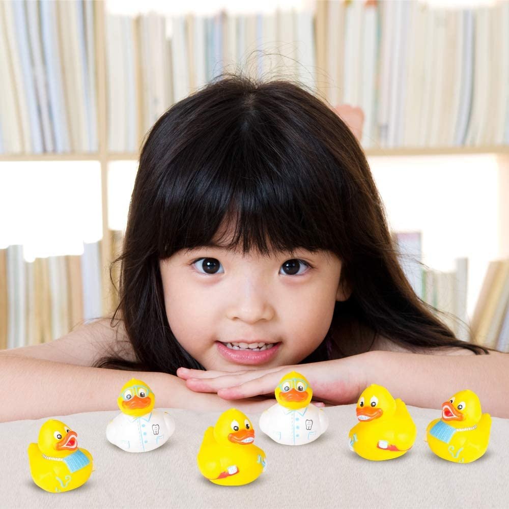 2" Dental Rubber Duckies, Pack of 12, Cute Duck Bath Tub Pool Toys in Assorted Styles, Fun Decorations, Carnival Supplies, Party Favor, Dental Treasure Toys