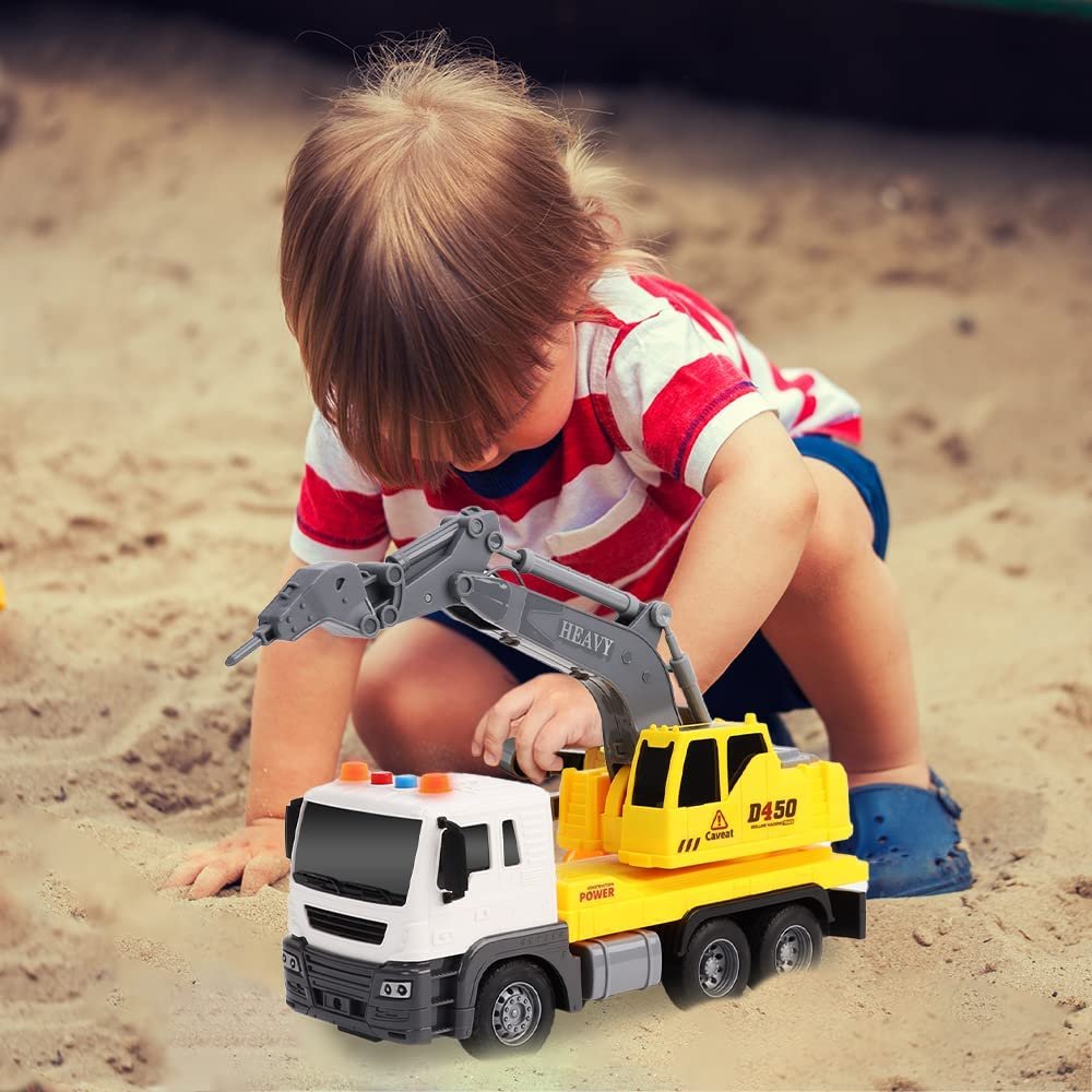 Light Up Construction Truck Toy, Excavation Truck Toy with a Rotating Back, Push and Go Kids Construction Toy with LED and Sound Effects, Cool Construction Trucks for Boys and Girls