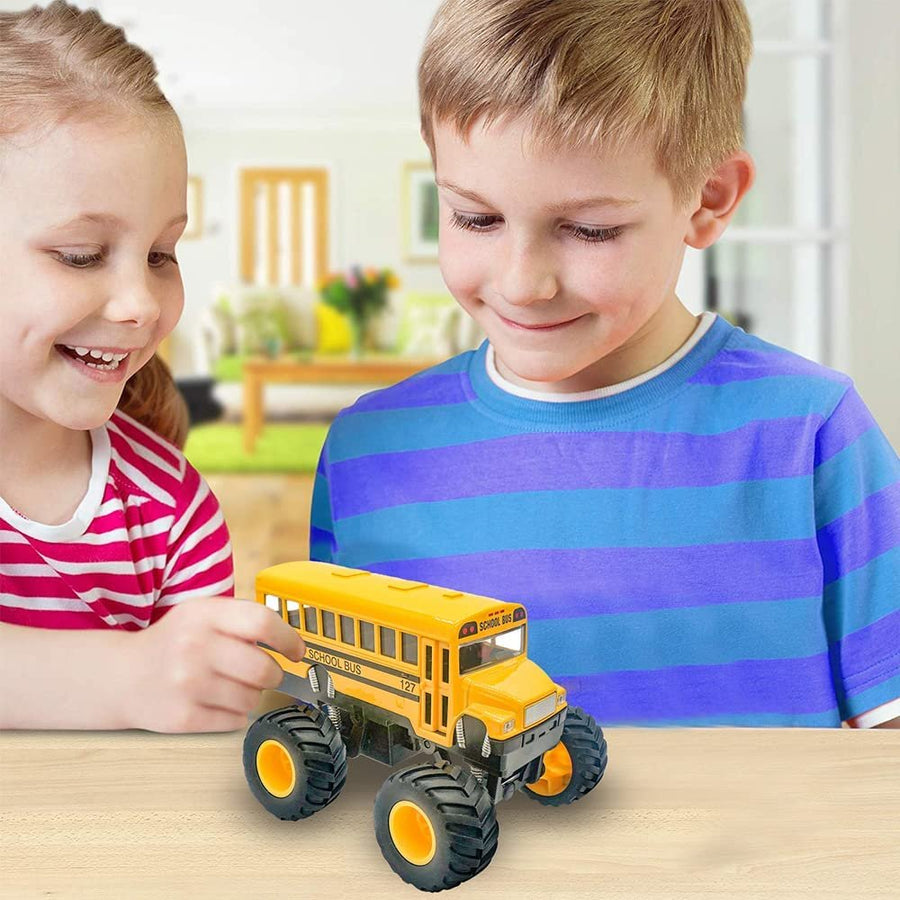 5" Pullback School Bus Toy Set - Set of 2 - Includes 2 Yellow School Buses with Monster Wheels - Diecast Bus Playset with Pullback Mechanisms - Great Gift Idea for Boys and Girls