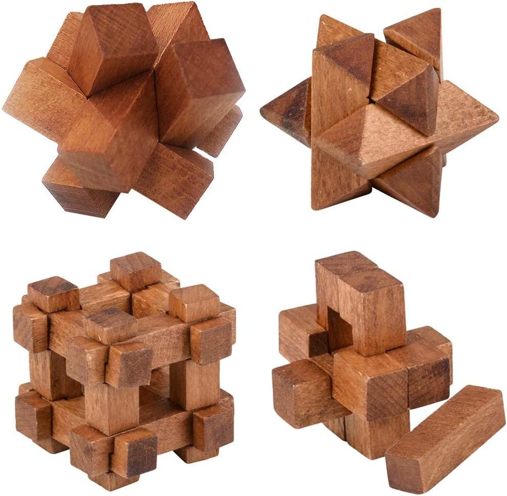 Wooden Brain Teasers, Set of 4, Wood Cube 3D Puzzles for Kids and