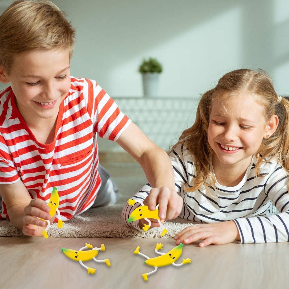 Bendable Banana Figures, Set of 12 Novelty Fruit Shaped Bendy Figurines, Stress Relief Fidget Toys for Kids, Birthday Party Favors, Goodie Bag Stuffers, Piñata Fillers for Boys and Girls