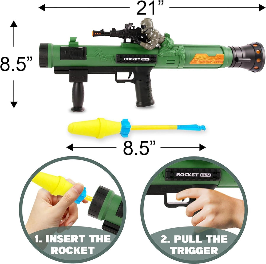 Rocket Launcher Handheld Gun with Lights & Sounds, Light Up Toy Rocket Launcher for Kids with 3 Rockets, Cool Sound, Vibration, & LED Effects, Military Pretend Play Toys for Boys