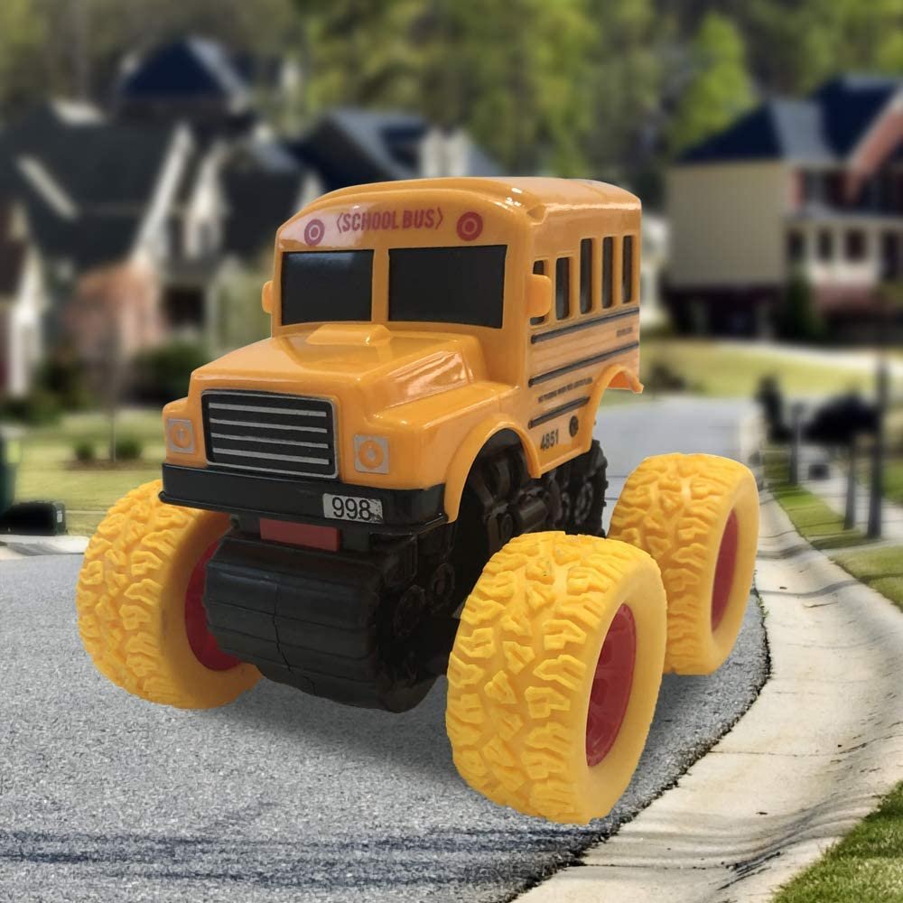 Yellow School Bus Toy with Yellow Monster Truck Tires, Push n Go Toy Car for Kids, Durable Plastic Material, Best Birthday Gift for Boys, Girls, Toddlers