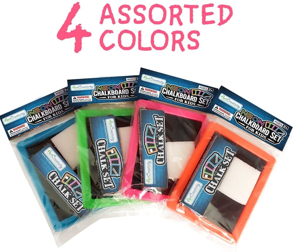 Neon Chalkboard Sets for Kids, 24 Kits, 1 Mini Chalk Board, 2 Chalk Sticks, and 1 Eraser Per Kit, Art Birthday Party Favors for Boys and Girls, Unique Stationery Goodie Bag Fillers