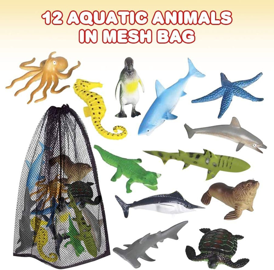 Aquatic Sea Animal Assortment in Mesh Bag, Pack of 12 Sea Creature Figurines in Assorted Designs, Bath Water Toys for Kids, Ocean Life Party Décor, Party Favors for Boys and Girls