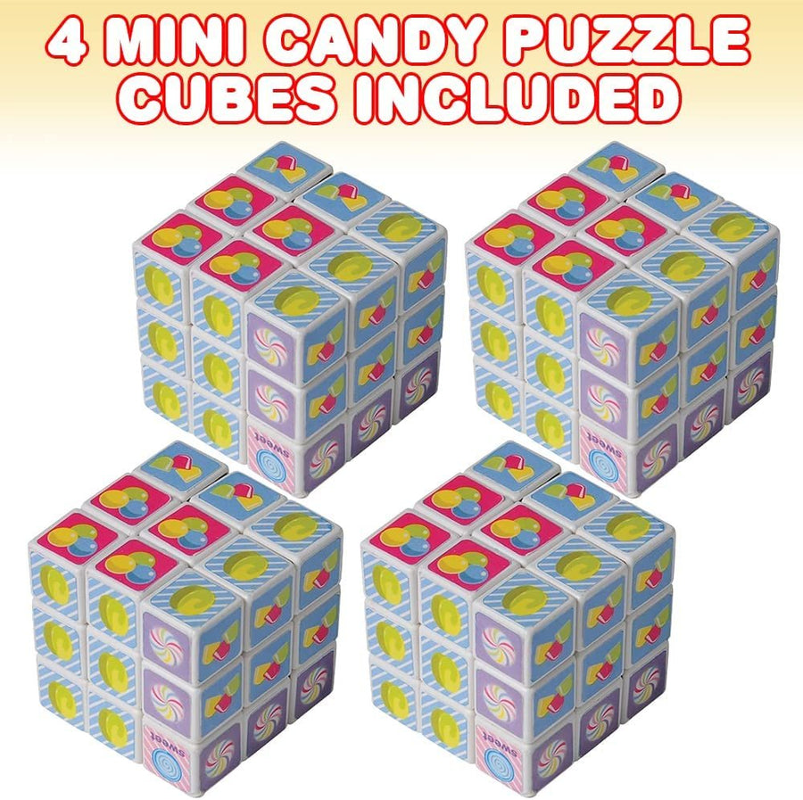 Mini Candy Puzzle Cubes, Set of 4, 3D Puzzles for Kids with Vibrant Designs, Brain Teaser Puzzles for Boys and Girls, Portable Travel Toys for Kids, Birthday and Christmas Party Favors