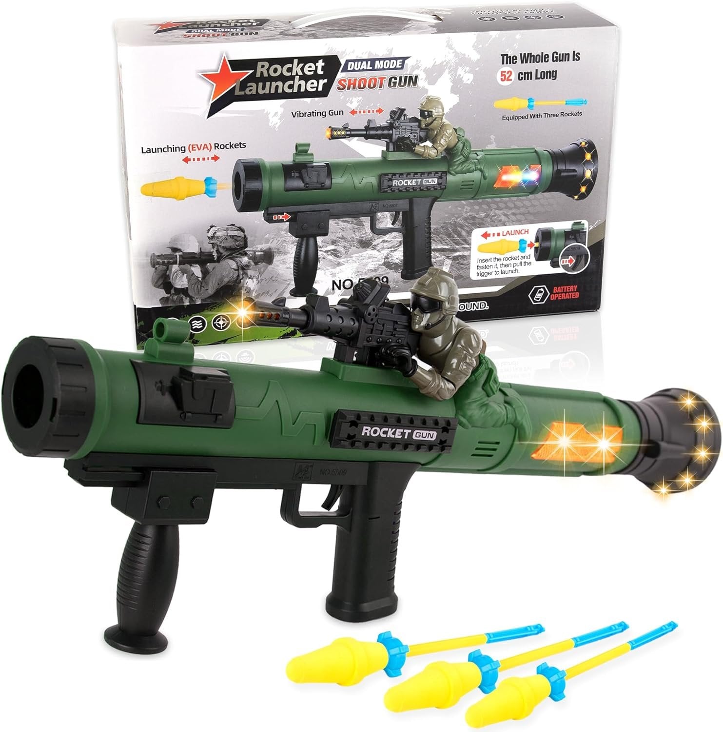 Rocket Launcher Handheld Gun with Lights & Sounds, Light Up Toy Rocket Launcher for Kids with 3 Rockets, Cool Sound, Vibration, & LED Effects, Military Pretend Play Toys for Boys