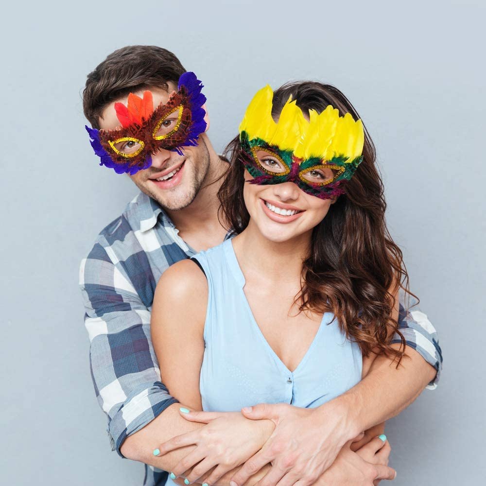Assorted Feather Mardi Gras Masks, Bulk Pack of 25, Feathered Masquerade Mardi Gras Party Favors, Supplies, and Decorations, Masquerade Costume Party Accessories for Kids and Adults
