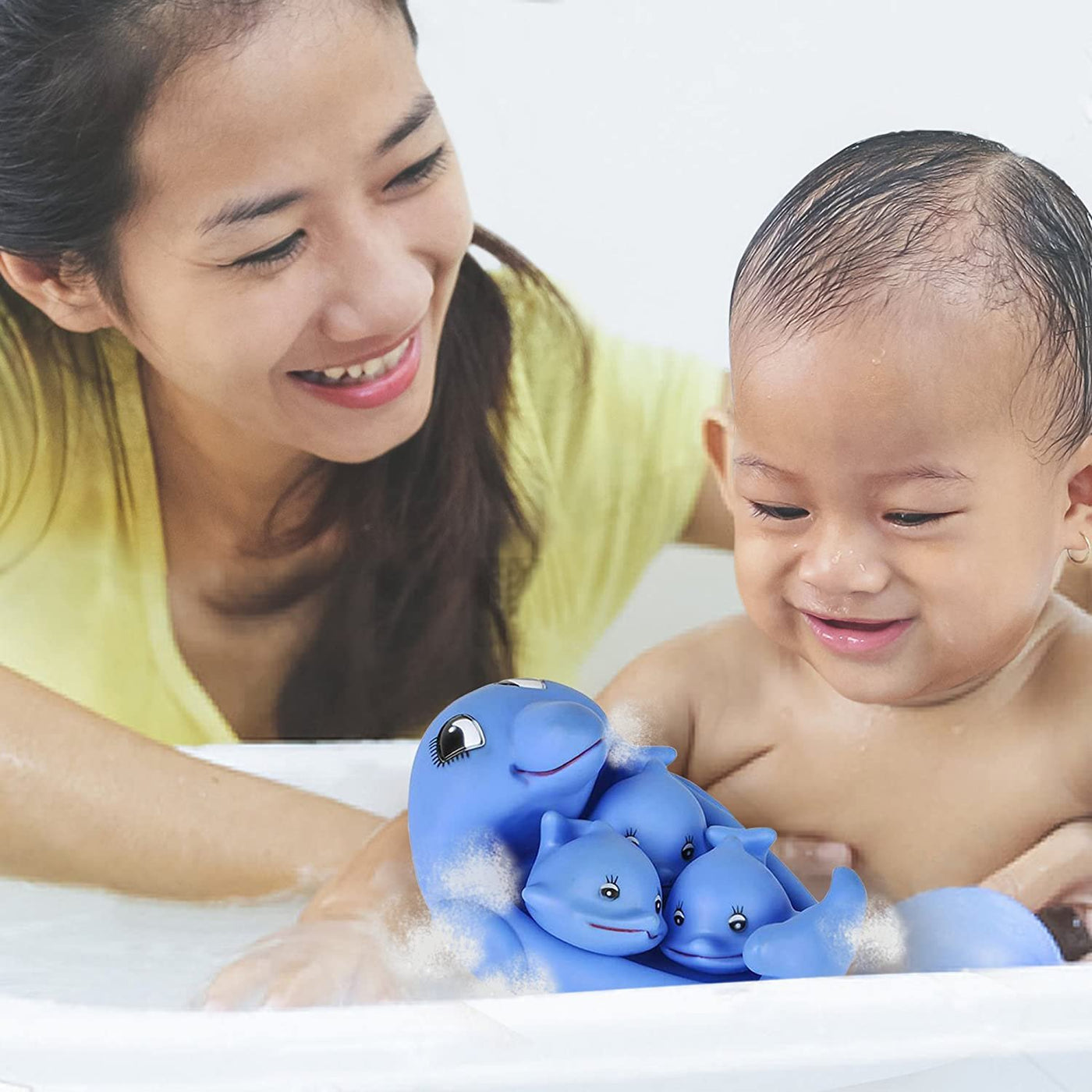 Floating Dolphin Bath Play Set - 4 Piece Fun Water Bathtub Toys for Kids - Non Toxic Playing Kit for Tub, Pool, Beach - Great Gift Idea for Boys, Girls, Toddlers, Babies - Blue
