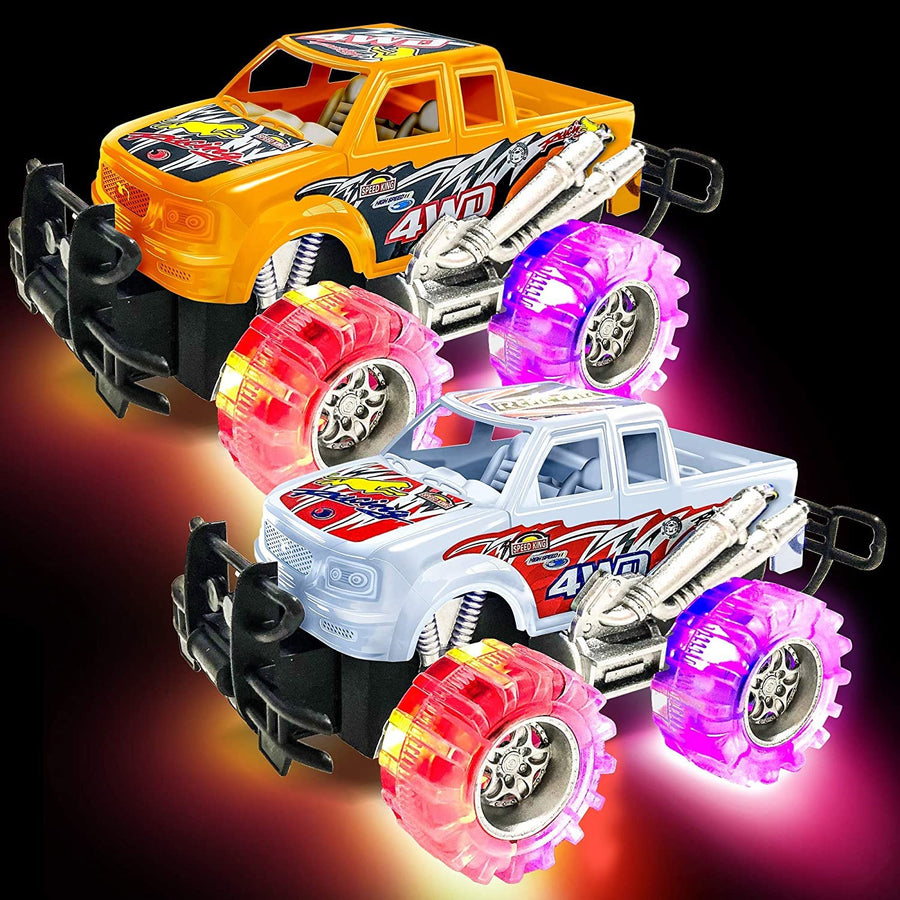 Orange and White Light Up Monster Truck Set for Boys and Girls, Set Includes 2, 6" Monster Trucks with Beautiful Flashing LED Tires, Push n Go Toy Cars, Best Gift for Kids Ages 3+
