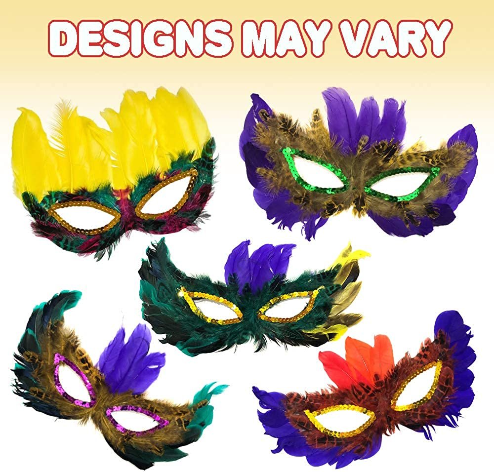 Assorted Feather Mardi Gras Masks, Bulk Pack of 25, Feathered Masquerade Mardi Gras Party Favors, Supplies, and Decorations, Masquerade Costume Party Accessories for Kids and Adults