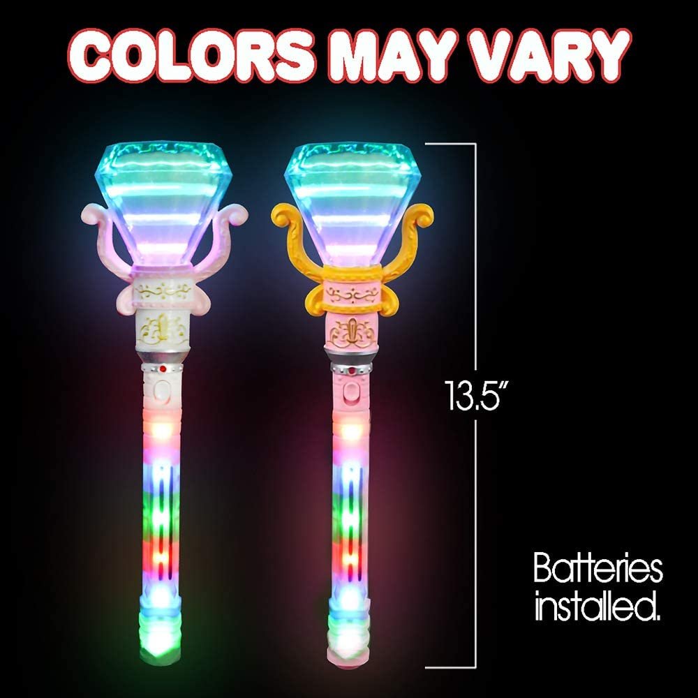 Multi-Color Spinning Diamond Wand with LED Handle, 13.5" Light Up Princess Wand for Kids, Fun Pretend Play Prop, Kid Party Favor, Birthday Gift Toy for Boys & Girls - Colors May Vary