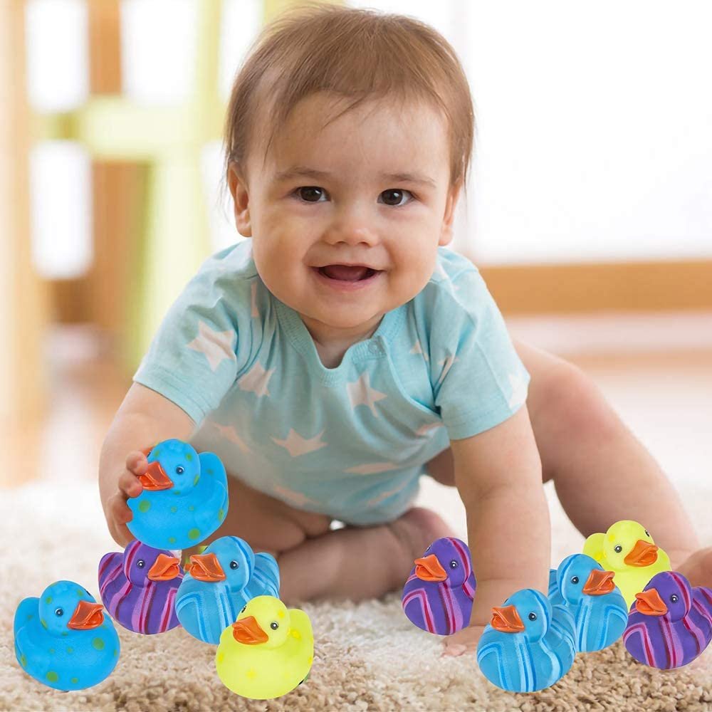 Multicolored Pattern Rubber Duckies for Kids, Pack of 12 Cute Duck Bath Tub Pool Toys, Fun Carnival Supplies, Birthday Party Favors for Boys and Girls