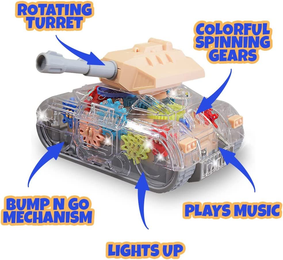 Light Up Transparent Gear Tank Toy for Kids, Bump and Go Army Toy Tank with Colorful Moving Gears, Music, and LEDs, Fun Educational Army Tanks Toys For Boys, Great Toddler Light Up Toy