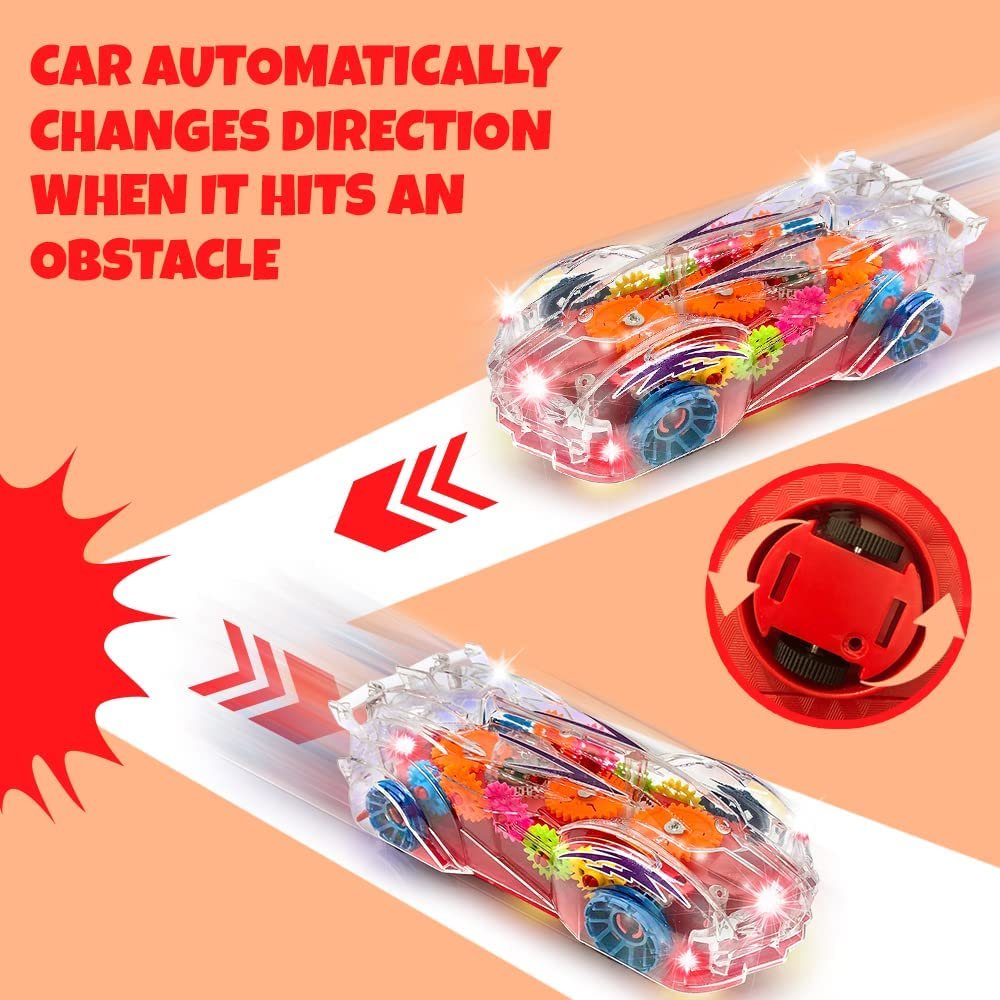 Light Up Car Transparent Gear Racer Toy Car for Kids, 1PC, Bump and Go Toy car with Colorful Moving Gears, Music, and LED Effects, Fun kids Car Toys for Boys, Great Birthday gifts For 3 Year Old Boys