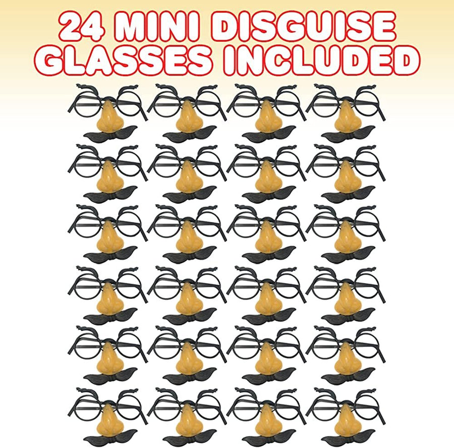 Mini Disguise Glasses for Kids, Set of 24, Funny Disguise Set with Mustache and Nose, Doll Dress Up Accessories, Party Decorations for Themed Parties, Not Meant to Be Worn