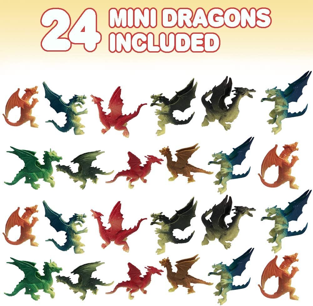 Mini Dragons, Pack of 24, Colorful Assorted Designs, Dragon Figurines Party Favors, Piñata Fillers, Cake and Cupcake Toppers, Stocking Stuffers, Toys for Boys and Girls Ages 3+