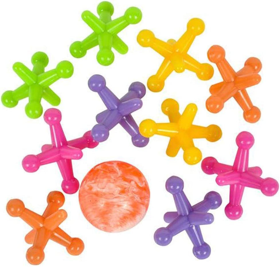 Large Neon Jacks Game, 3 Sets, Each Set with 10 Plastic Jacks and 1 Marbleized Rubber Ball, Vintage Toys, Fun Activity for Kids, Birthday Party Favors for Boys and Girls