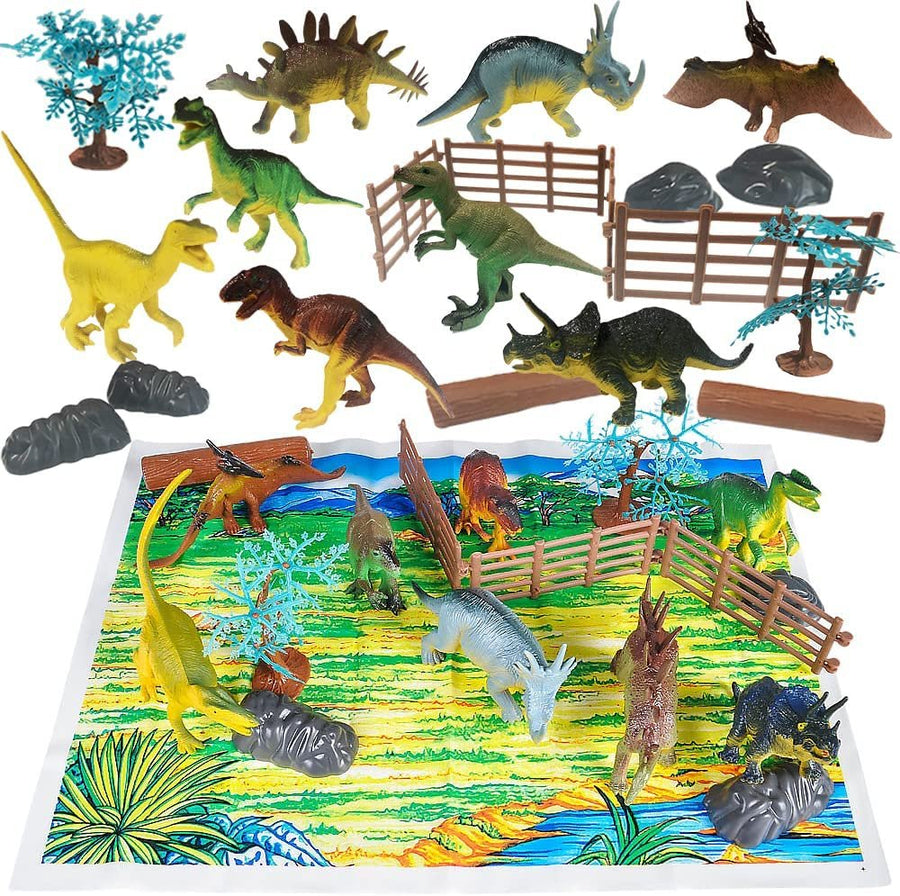Dinosaur Playset for Kids, Dinosaur Bucket Set with 20 Pieces Including Dinosaur Figurines and Play Mat, Engaging Dinosaur Toys for Girls and Boys, Dinosaur Birthday Party Supplies