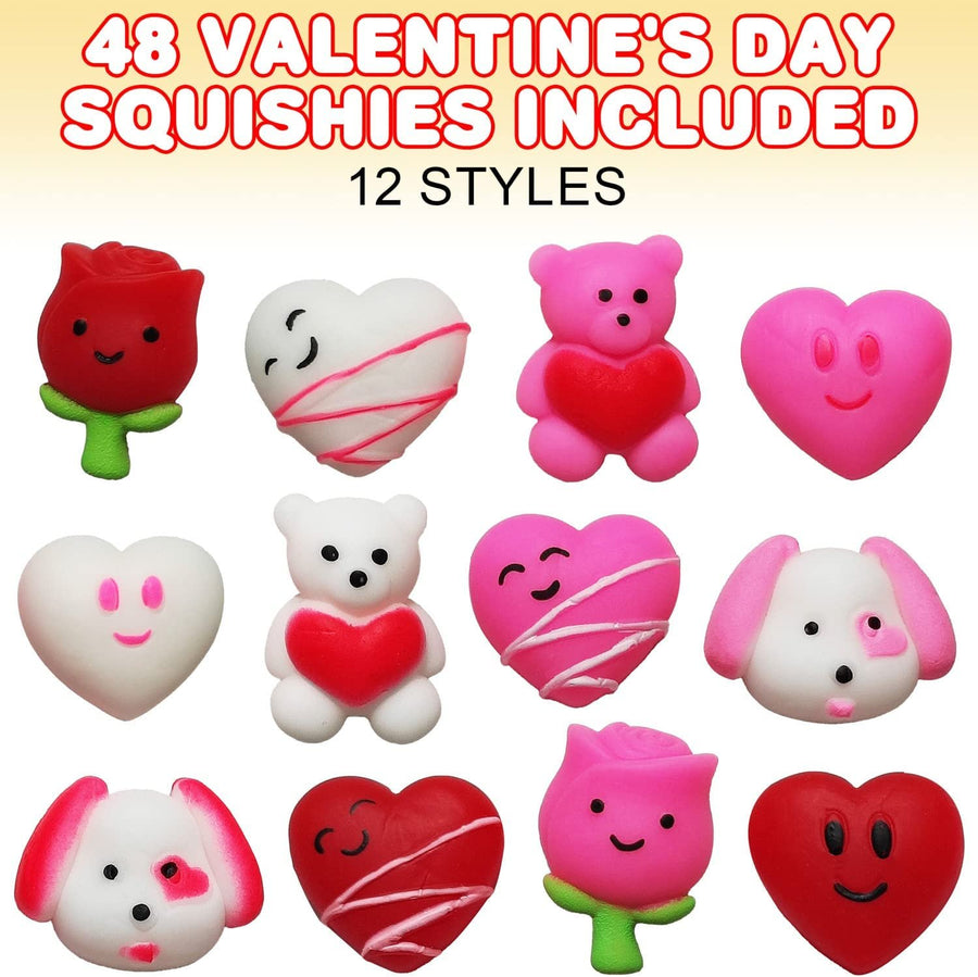 Mini Valentines Day Squishy Toys, 12 Cute Designs, Stress Relief Toys - Set of 48