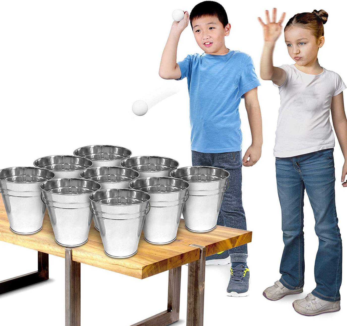 Gamie Bucket Ping Pong Ball Game Includes 9 Metal Buckets, 12 Balls, and 1 Number Sticker Sheet - Fun Party Activity for Kids and Adults, Great Gift Idea for Kids