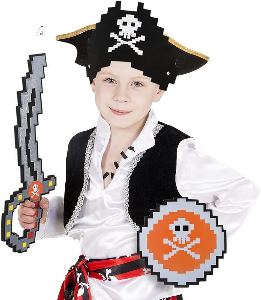 Foam Pixel Pirate Set, 3-Piece Kit with Pixelated Sword, Shield, and Hat, Unique Halloween Pirate Costume Accessories, Fun Pirate Toys for Kids, Great Birthday Gift Idea