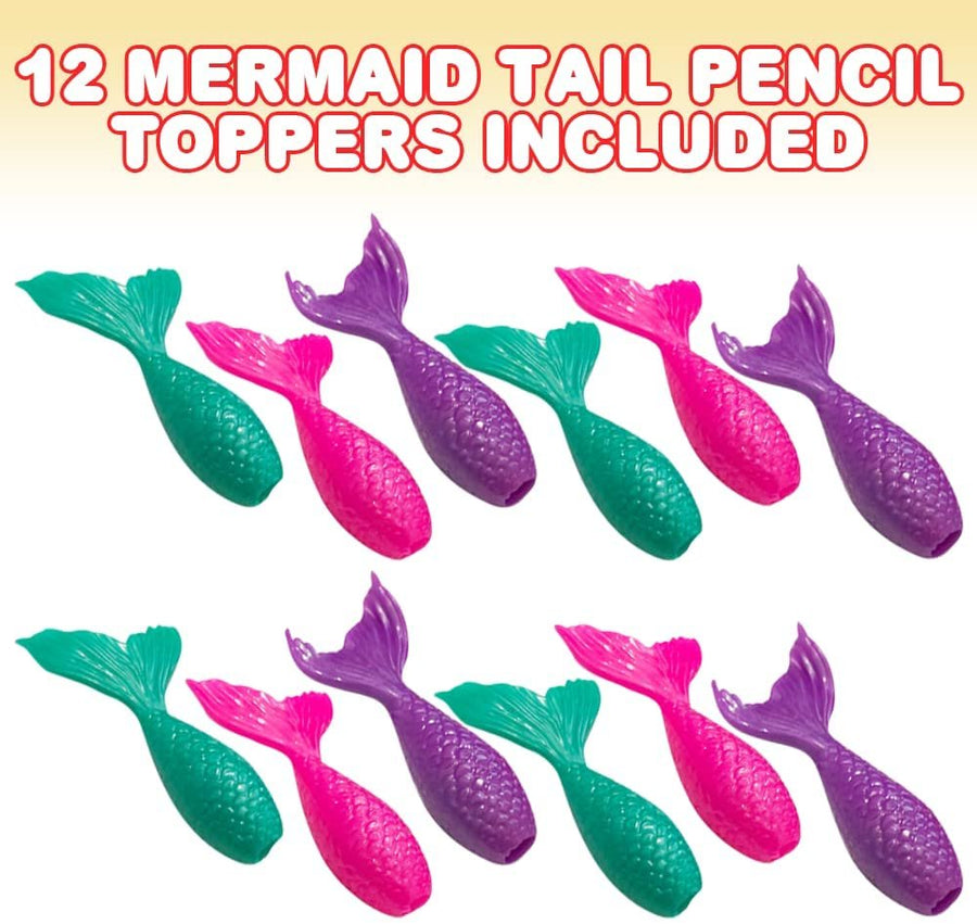 Mermaid Tail Pencil Toppers, Set of 12, Mermaid Party Favors and Classroom Prizes for Kids, Great Back to School Gifts for Boys and Girls, Durable Mermaid Pencil Tops