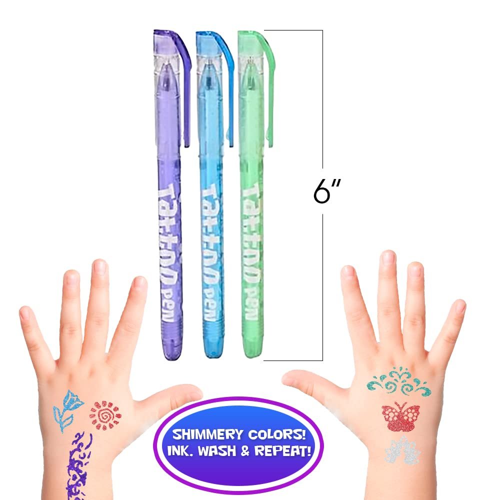 Shimmery Temporary Tattoo Pens for Kids, 4 Pack, Each Pack with 6 Tattoo Markers & 3 Stencil Stickers, Washable Tattoo Body Ink, Sparkle Girls Fashion Activity, Sparkly Tats Body Art Set