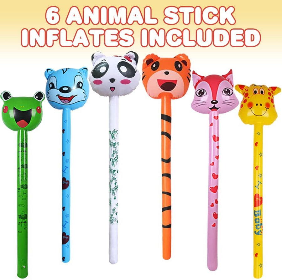 Inflatable Animal Sticks, Set of 6, Animal Inflates for Kids in Assorted Designs, Zoo Party Favors and Wild One Birthday Decorations, Colorful Swimming Pool Toys for Kids