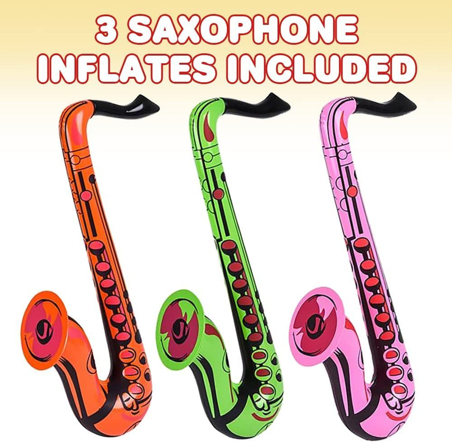 Saxophone Inflates, Set of 3, Inflatable Saxophone Toys for Kids, Decorations for Music Themed Parties, 21.5" Long Saxophone Balloons for Fun Pretend Play, Pink, Green, Orange