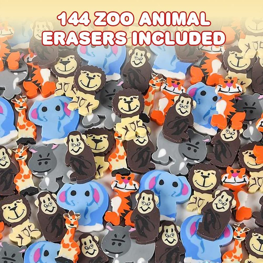 Mini Zoo Animal Erasers, Set of 144, Rubber Erasers for Kids in Assorted Designs, Back to School Supplies, Classroom Teacher Rewards, Zoo Party Favors and Goody Bag Fillers
